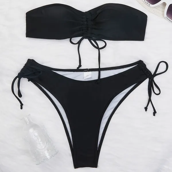 Damen-Badebekleidung, Micro-Bikini-Sets, trägerlos, gesmokt, sexy Bikini-Badeanzug, seitlich gebundener Tanga, Tangas, BH-Set, Badeanzug 2024