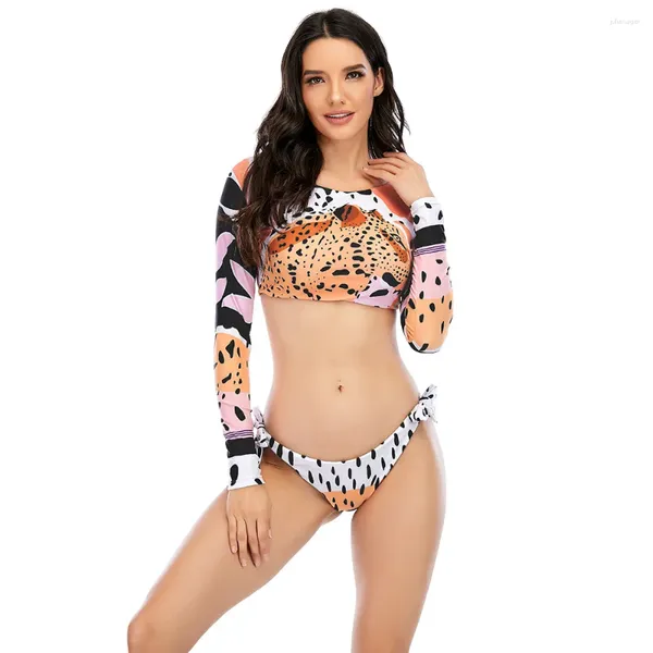 Mulheres Swimwear 2024 Mulheres Coreano Leopardo Tigre Imprimir Coloful Strap Bikini Two-Peça Manga Longa Sun Protection Swimsuit