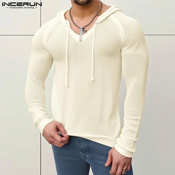 Hoodies masculinos incerun topos 2024 sexy moda com decote em v malha ligeiramente transparente casual masculino manga comprida moletom com capuz S-2XL