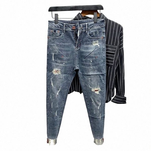 Fi 2023 di lusso Fi pantaloni da uomo stile coreano Jeans Wed con fori di baffi di gatto schizzi di vernice colorata pantaloni slim z2Mz #