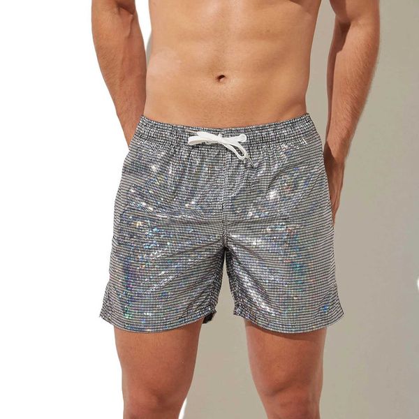 Herren-Shorts, 150 g, Herren-Sommer-Strandshorts in Übergröße, glitzernde Schwimm-Boxerunterwäsche, 100 % Polyester, einfarbige Boardshorts J240328