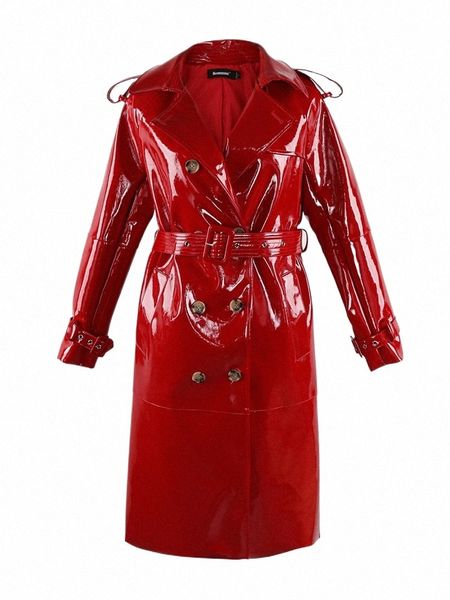 Nerazzurri Herbst LG Shiny Black Red Patent Pu Leder Trenchcoat für Frauen Gürtel Zweireiher Luxus Designer Kleidung 2023 z7YR #