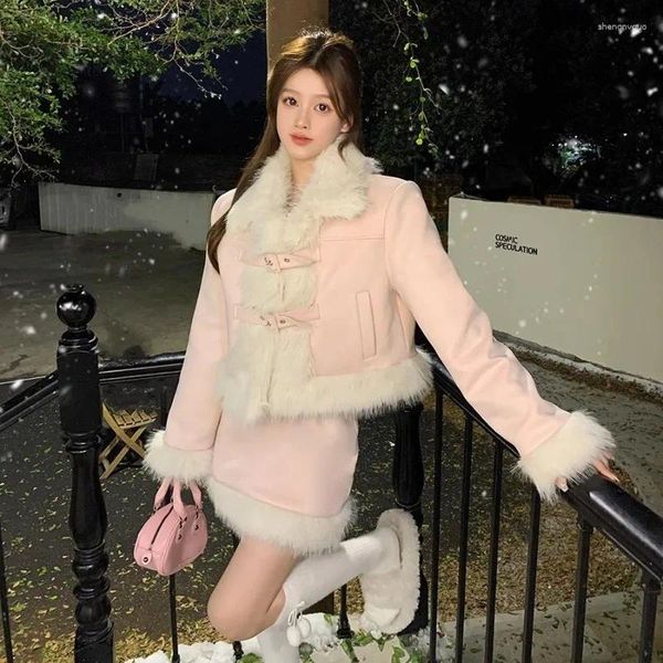 Vestido de duas peças elegante rosa terno feminino inverno y2k roupas mini curto feminino coreano moda conjunto outono 2024 das mulheres 2 peças conjuntos