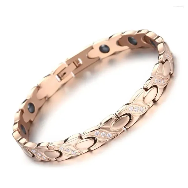 Braccialetti a maglie Pietra magnetica per terapia di potenza sanitaria da 7 mm per donna Accessori per gioielli in acciaio inossidabile lucido CZ color oro rosa