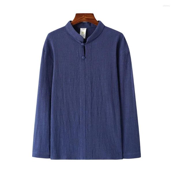 Camicie casual da uomo 2024 Camicia a tunica accogliente da uomo primaverile Bianco Blu Rosso Colletto alla coreana Manica lunga in cotone Top Abbigliamento maschile Comfort Zen