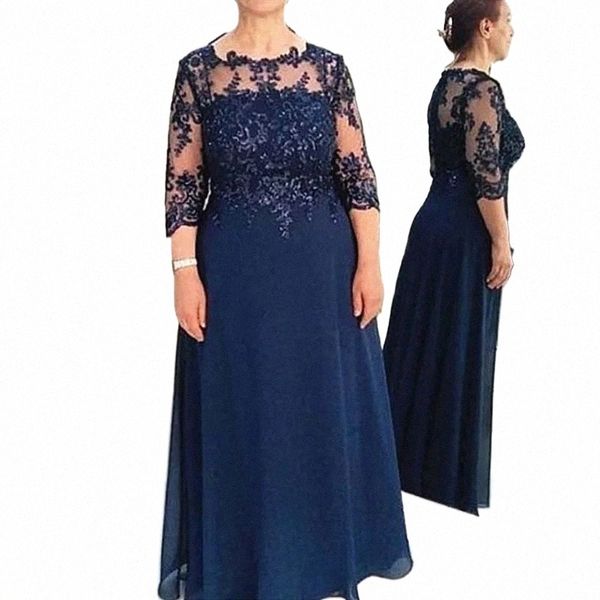 blu navy elegante madre della sposa Dr Chiff Plus Size maniche 3/4 Appliques Lg Groom Mother Dres per la festa di nozze U4Vm #