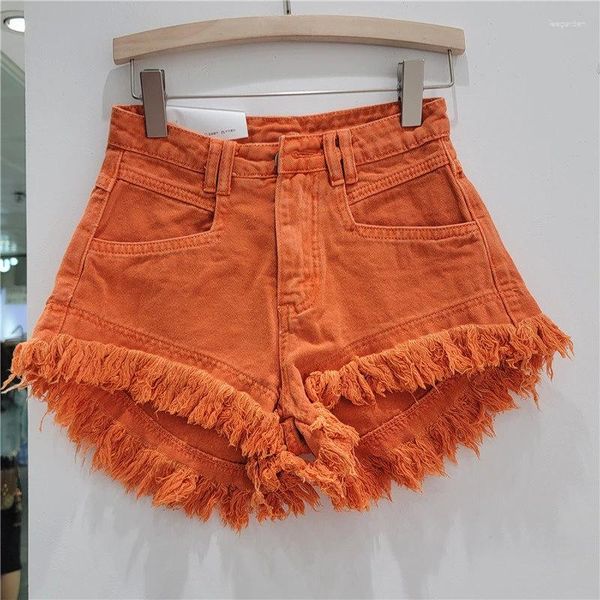 Calças de brim femininas laranja denim shorts feminino calças verdes 2024 verão roupas femininas all-match ins moda perna larga rasgado borla