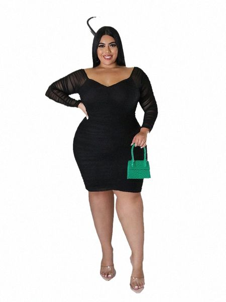 Abito da festa corto ed elegante, manica lunga, maglia, Dr, vedere attraverso la pelle sexy, attillato, Plus Size, Dropship all'ingrosso 731q #