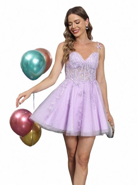 lilac tüll Applikat Spitze Brautjungfer Dres Short eine Linie Criss Cross Backl Hochzeitsfeier Dr. Spaghetti Armband Kleid M2RN#