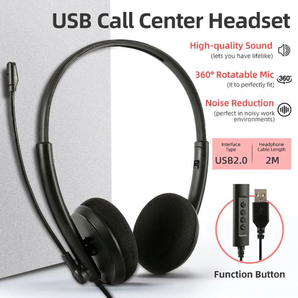 Kopfhörer, kabelgebundenes USB-Callcenter-Headset mit Geräuschunterdrückung, 360° drehbares Mikrofon, Business-Pendler-Freisprechkopfhörer für PC, Heimbüro