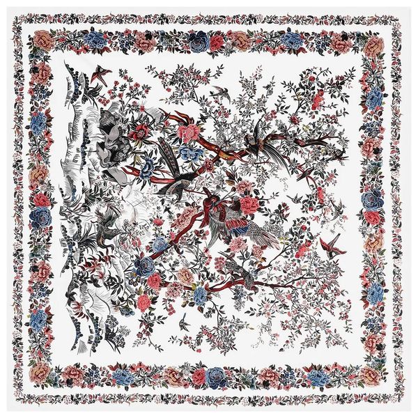 Donne per sciarpa di seta da 130 cm Scialcini grandi uccelli alberi Stampa Stoles Bandana Square Luxury Kerchief Hijab Female Foulards Beach Asciugamano 240321