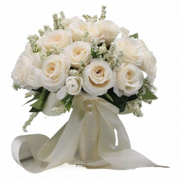 Bouquet da sposa damigella d'onore da sposa Bouquet da sposa in seta bianca Frs Rose Artificiali Sposa Boutniere Mariage Bouquet Accessori da sposa B4qR #