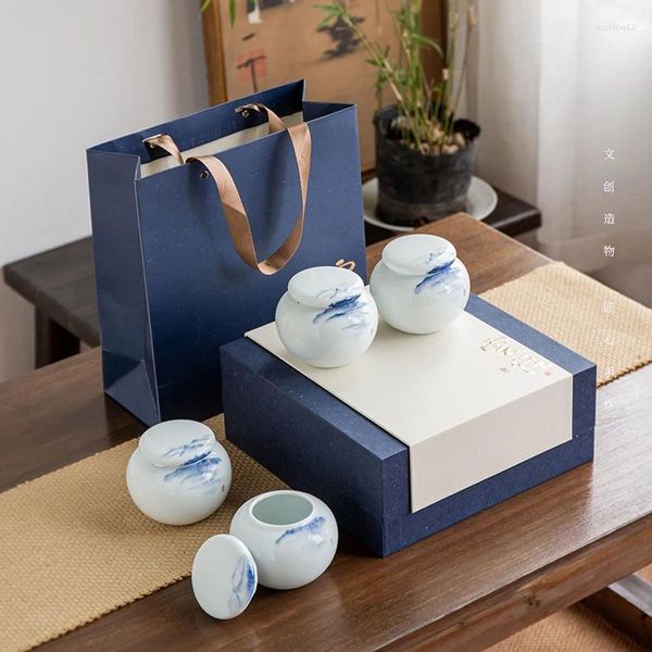 Conjuntos de chá azul e branco porcelana bule de chá cerâmica pintado à mão paisagem quatro caixa de presente high-end meio malicioso logotipo personalizado