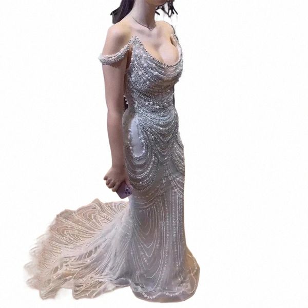 shar Said Luxury Crystal Sier Grey Mermaid Dubai Evening Dres для женщин Свадебные платья LG Black Girls Prom Party SS403 h6uC #