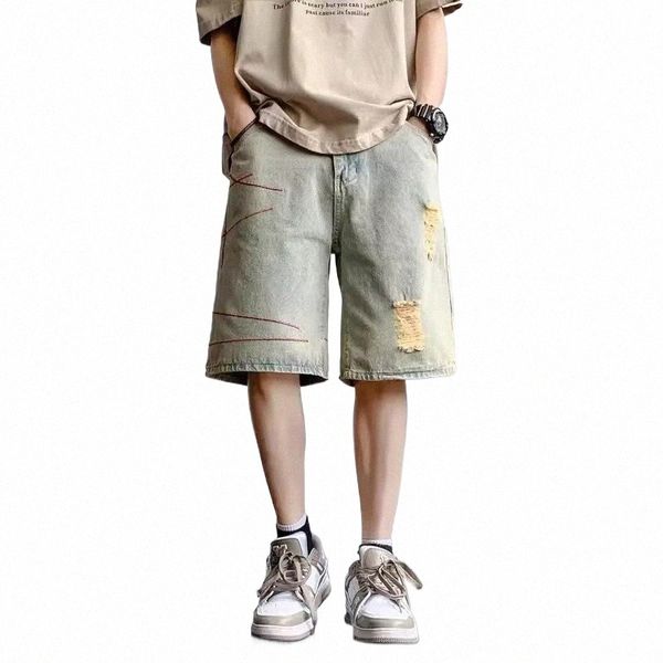 Linha Reddachic Bordado Masculino Denim Shorts Hiphop Desgastado Destruído Calças de Perna Larga Soltas Jeans Casuais Jorts Coreano Streetwear J1m3 #