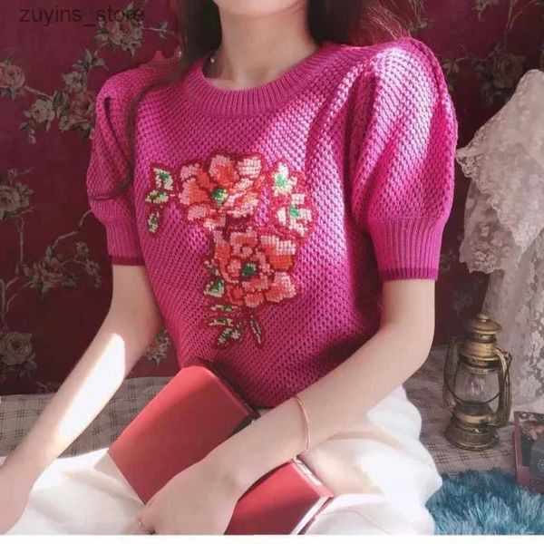 Женская футболка в Корейском стиле, лето 2021, новые вязаные кардиганы с круглым вырезом и короткими рукавами-фонариками, свитер с вырезами и цветами, модные лоскутные пальто24329