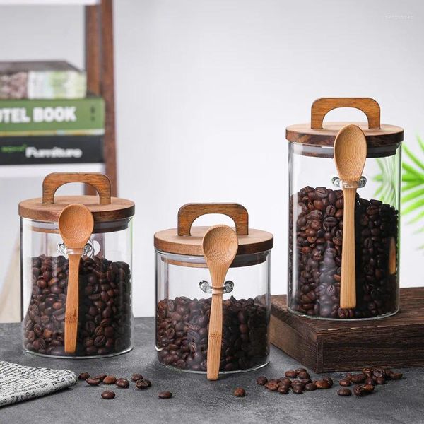 Garrafas de armazenamento 700-1000ml Recipiente selado de vidro redondo com alça de madeira colher de assento jarra de café