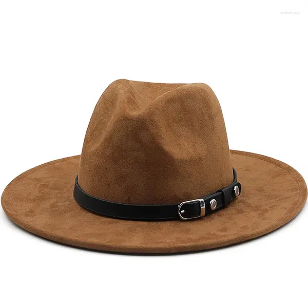 Beralar Kadın Erkekler Süet Fedora Şapkası Deri Şerit Gentmen Zarif Bayan Kış Sonbahar Geniş Brim Caz Panama Sombrero Cap
