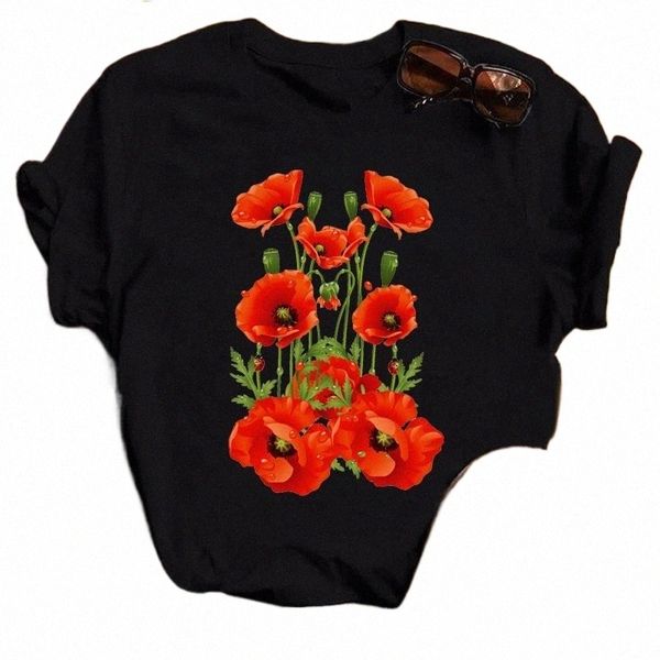 Fi Red Poppy Maglietta da donna Divertente Nero stampato Tops Tee Maglietta femminile a maniche corte Harajuku Tee Shirts 90s Girls T-shirt O3Wj #