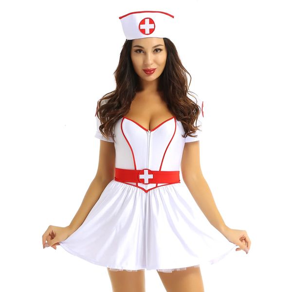 Mulheres Sexy enfermeira uniforme fantasia Halloween Cosplay Roleplay Party Lingeries Roupet Roupet Babydolls Mini Dress com bandana e cinto 240319