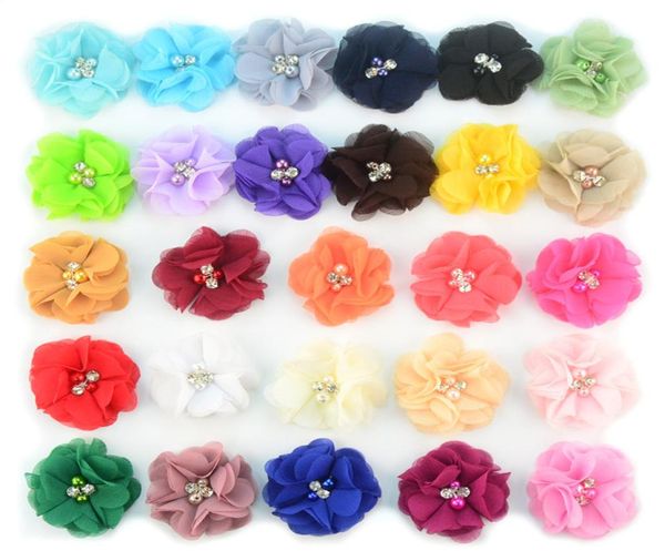 27 цветов шифоновые цветы с жемчугом и стразами в центре искусственные цветы из ткани цветы детские аксессуары для волос детские повязки на голову Fl9292555