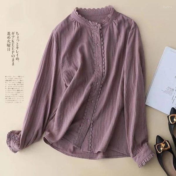 Blusas femininas algodão renda costura camisa de mangas compridas primavera e outono estilo coreano solto plus size elegante redução de idade casual