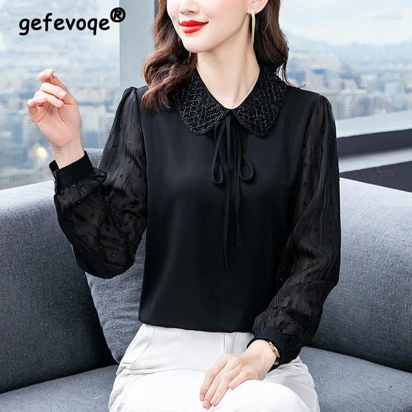 Damenblusen, Damen, Schleife, Schnürung, Perlen, schick, elegante Bluse, Bürodame, modisch, schwarz, Chiffon-Hemden, Langarm-Oberteile, 2024, Frühling, Sommer