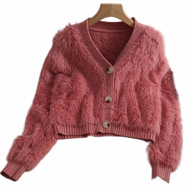 maglione Cardigan imita visone lana donna top autunno inverno lavorato a maglia coreano oversize manica lunga eleganza caldo dolce cappotti casual 77It #