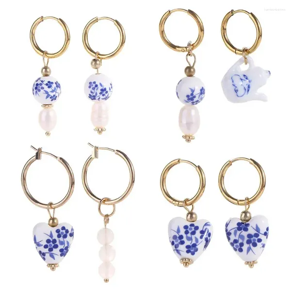 Orecchini a cerchio Occhiali in ceramica Design alla moda Porcellana blu e bianca Fibbia per orecchie Accessori per gioielli coreani in lega da donna