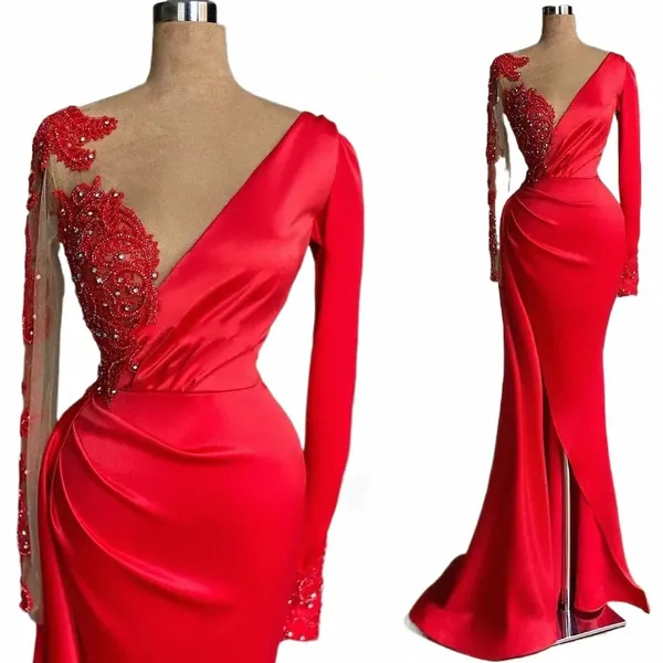 2024 Sexy Prom Dres Rote SpitzeAppliques Kristallperlen Jewel Neck Illusi Lg Ärmel Satin Side Split Abend Party Kleider L8ov #