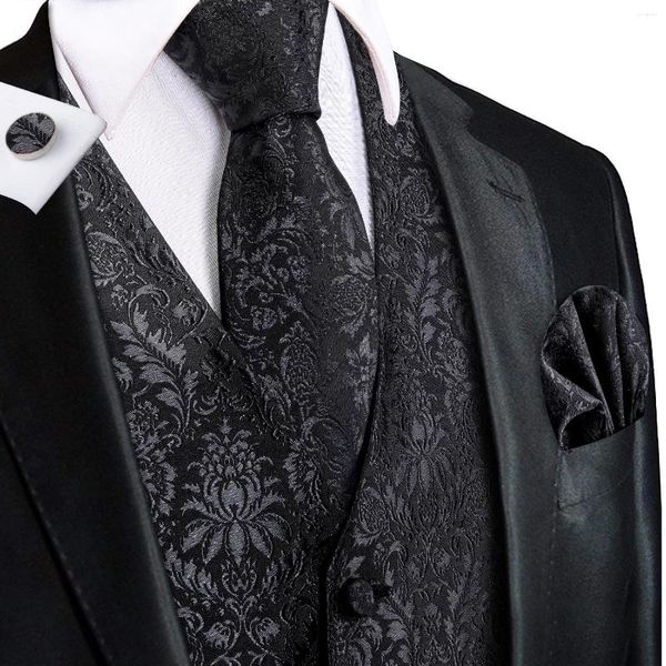 Мужские жилеты Hi-Tie, 4 шт., черный шелковый мужской костюм с цветочным принтом, тканый жилет, галстук, нагрудный платок, запонки, деловое свадебное платье, куртка на талии