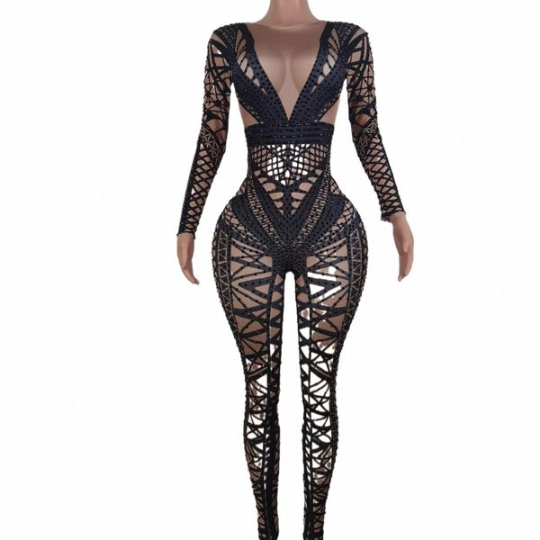 Tuta sexy da donna nera con maniche Lg Stampa Costume Crystal Nightclub Dance Outfit Party Pole Stage Performance Wear Heisanjiao X1Sj #