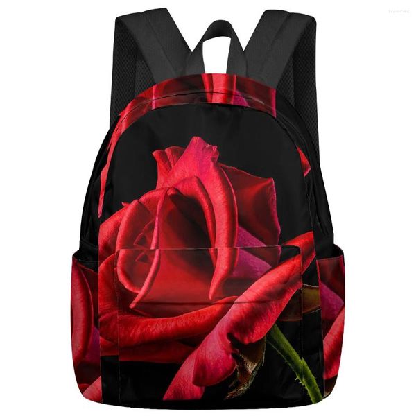 Mochila Red Rose Flower Preto Mulheres Homem Mochilas À Prova D 'Água Escola de Viagem para Estudante Meninos Meninas Laptop Book Pack Mochilas