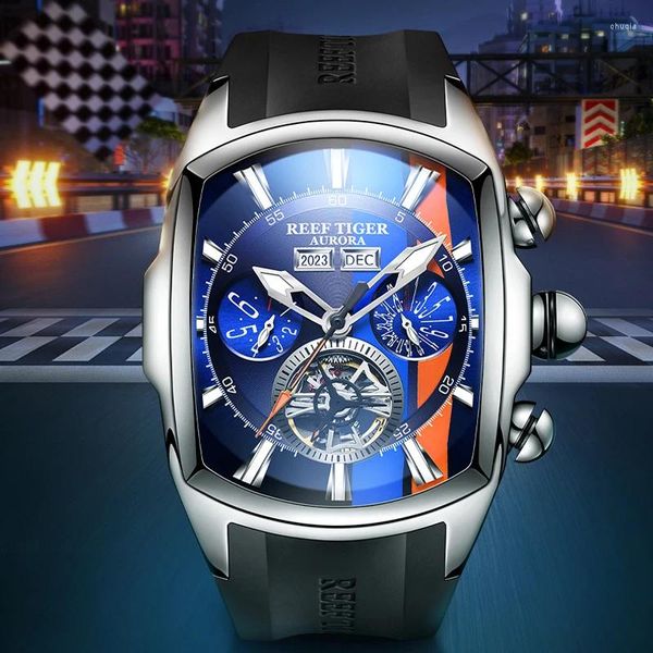 Armbanduhren Reef Tiger Barrelförmige Herren-Sportuhr mit großem Zifferblatt, Tourbillon, automatischer mechanischer, wasserdichter, leuchtender Kalender