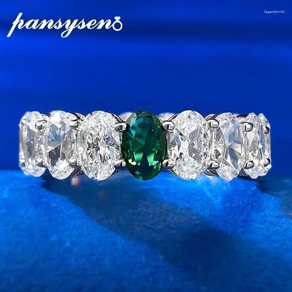 Anéis de Cluster Pansysen 925 Sterling Silver Oval Cut Emerald Lab Diamond Gemstone Anel Bandas de Casamento para Mulheres 18K Branco Banhado A Ouro Jóias