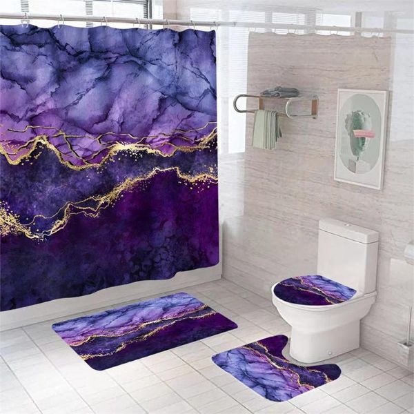 Tende da doccia Purplerative set di tende in marmo e moquette (tappetino da bagno a forma di U, sedile del WC) arredo bagno