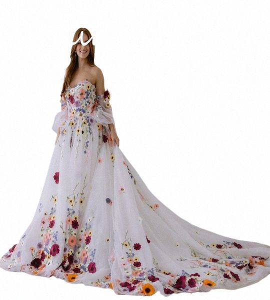 bellissimo colorato Fr Wedding Dr Boho Fiaba A Line 3D Florals Rustic Country Abiti da sposa Tulle Whimsical Bride 2024 x8ab #