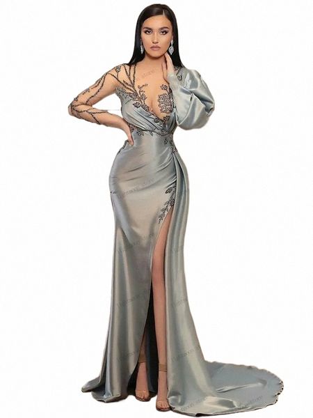 Pretty Evening Dr V-Neck Prom Dr Vestidos de Baile de Cetim Rendas Apliques Sexy Alta Dividir Robes Para Festa Vestidos De Gala 2024 j0Cd #