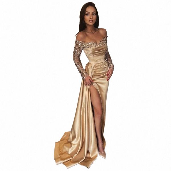 Glitter Champagner Meerjungfrau Abendkleider Sparkly Off Schulter Plissee Prom Kleider Sexy High Side Slit Braut Party 2023 Robe de D7em #