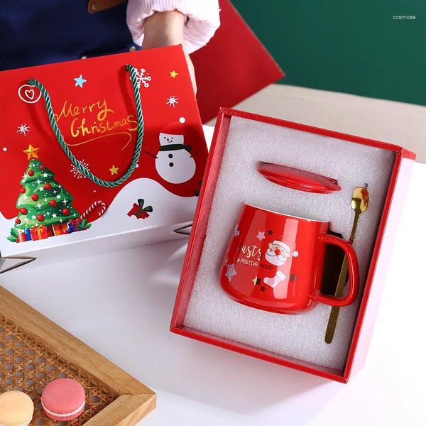 Tassen Untertassen Big Belly Mug Weihnachtsgeschenkbox-Set mit Deckel Löffel Wasserbecher Souvenirs