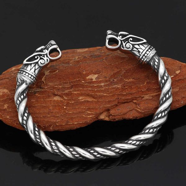 Bracciale da uomo con bracciale solido con bocca di drago a doppia testa in acciaio inossidabile vichingo della mitologia nordica