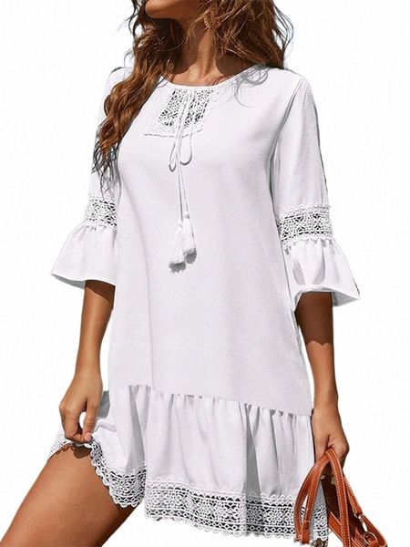 Zanzea Mulheres Mini Dr Holiday Lace Insert 3/4 Flare Sleeve Vestidos Summer Loose Round Neck Short Robes Casual Tassel Sundr 93Hk #