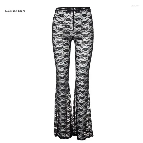 Pantaloni da donna Pantaloni da donna sexy in pizzo a fiori a vita alta svasati pieghettati a gamba larga Vedi attraverso pantaloni lunghi elasticizzati Leggings da festa