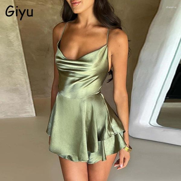 Casual Kleider Giyu Sexy Satin Kleid Frauen Bandage Backless Vestidos 2024 Sommer Elegante Mini Kurze Spaghetti Strap Spitze Up Robe