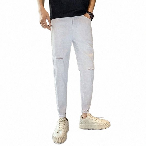 nero / bianco estate nuovi pantaloni jeans strappati sottili per abbigliamento uomo 2023 tutti i fiammiferi pantaloni slim fit casual in denim streetwear h5Py #