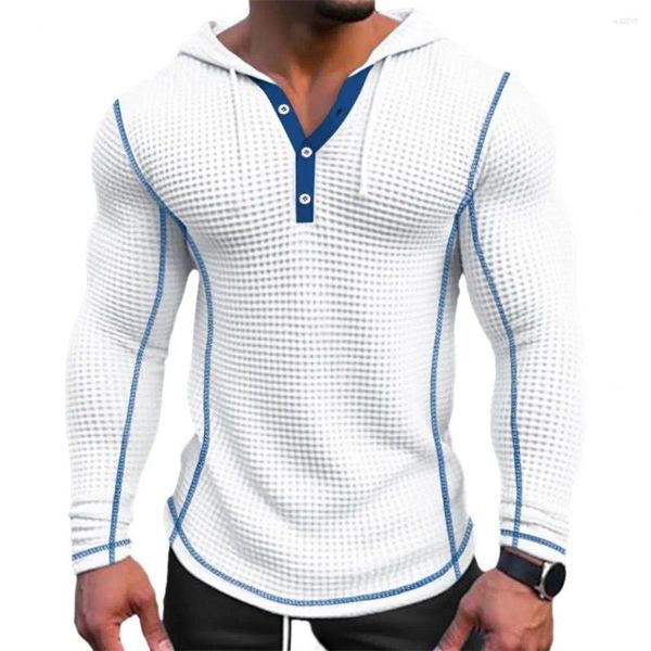 Herren-Kapuzenpullover, Herren-Kapuzenpullover aus Polyester, stilvoll, schmale Passform, Waffel-Baumwolle mit Knopfverschluss für bequeme Freizeitkleidung, atmungsaktiv, lang