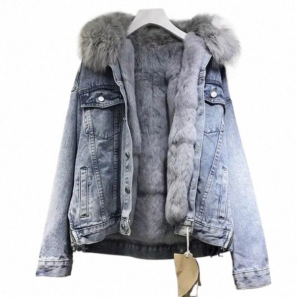 Winterfrauen warm Basic Coat Großpelzkragen Denim Jacke Frauen kalte Motorradjacken Oberbekleidung Vlies Dicker lässiger Mantel R4QP#