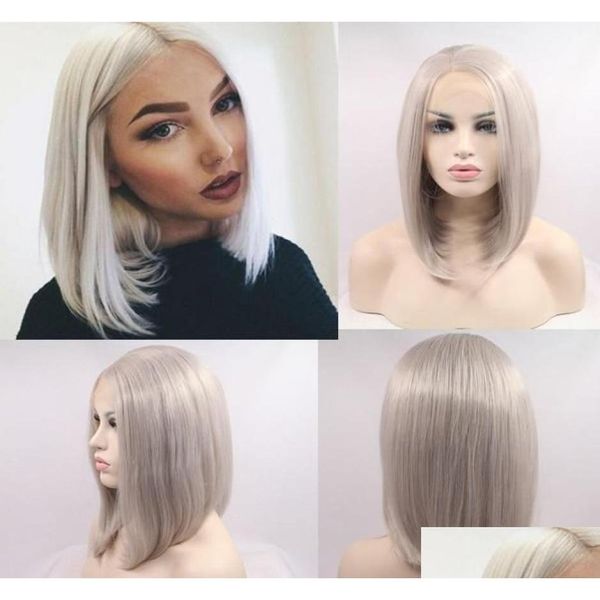 Synthetische Perücken Kurz Sier Grau Bob Lace Front für Frauen Hitzebeständige Faser Platin Blondes Haar Mittelteil9920798 Drop Delivery Pro Oty0S