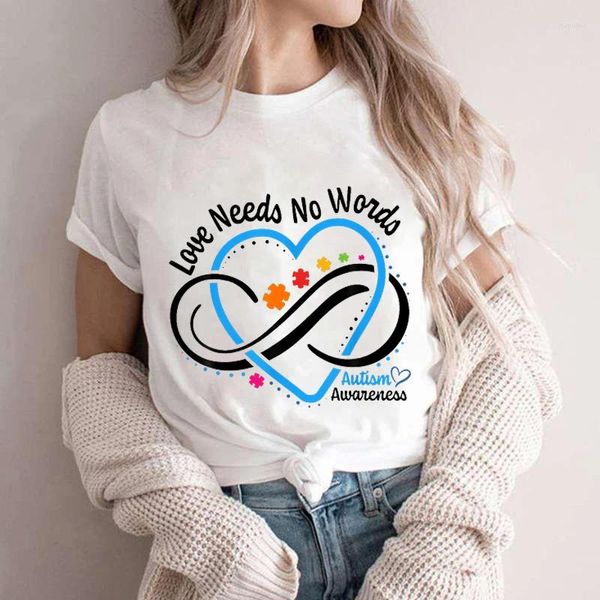 Kadın Tişörtleri Otizm Farkındalık Aşkın Kelimeye İhtiyacı Bırakır Kadınlar için Sonsuzluk Tişörtleri Ay Tişörtleri Kısa Kollu Grafik Y2K TOPS