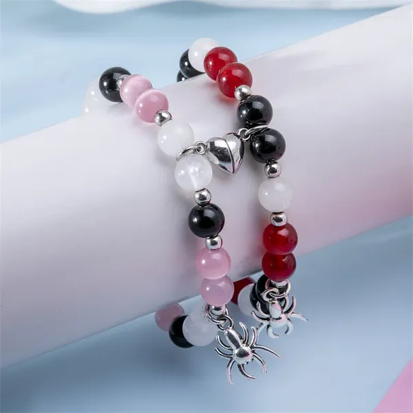 Charme pulseiras na moda 2 pçs/set pulseira aranha encantos amor coração sucção magnética pedra natural frisado casal